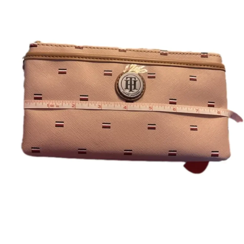 Tommy Hilfiger Cream Double Zip Wristlet Clutch Wallet Red White Blue Logo NWT